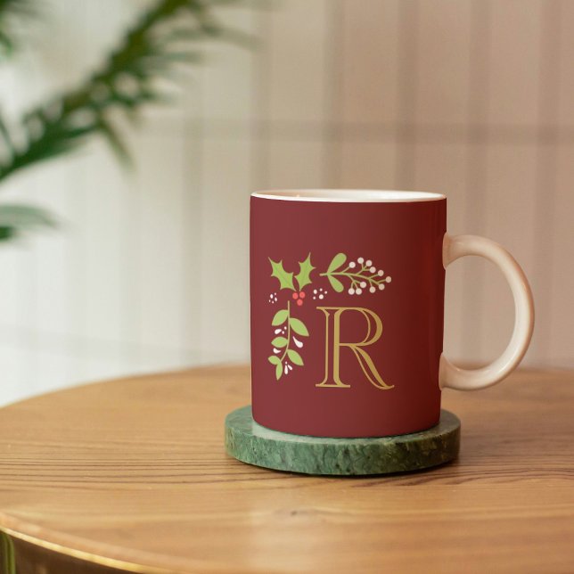 Monogram Christmas Holly & Mistletoe Red Coffee Mug (Creator Uploaded)