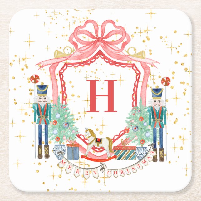 Monogram Christmas Nutcracker Crest   Square Paper Coaster (Front)