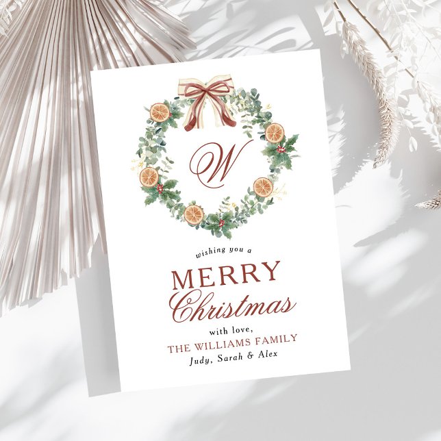 Monogram Christmas Oranges Wreath Bow Non Photo Holiday Card (Creator Uploaded)