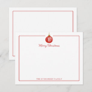 Monogram Christmas Ornament Red Border Stationery Card