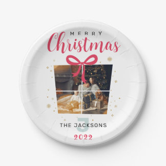 Monogram Christmas Photos, elegant, custom party Paper Plate