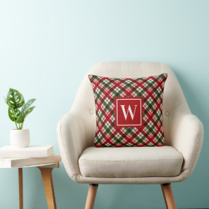 Monogram Christmas Plaid Cushion