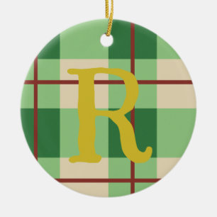 Monogram Christmas Plaid Red And Green Chequered   Ceramic Ornament
