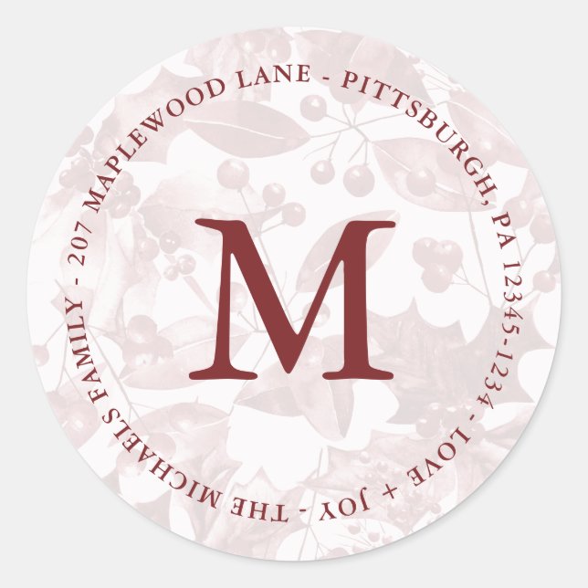 Monogram Christmas Red Botanical Pattern Address Classic Round Sticker (Front)