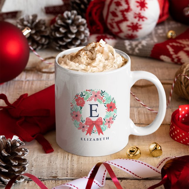 Monogram Christmas Red Bow Wreath Holiday Two-Tone Coffee Mug (Creator Uploaded)