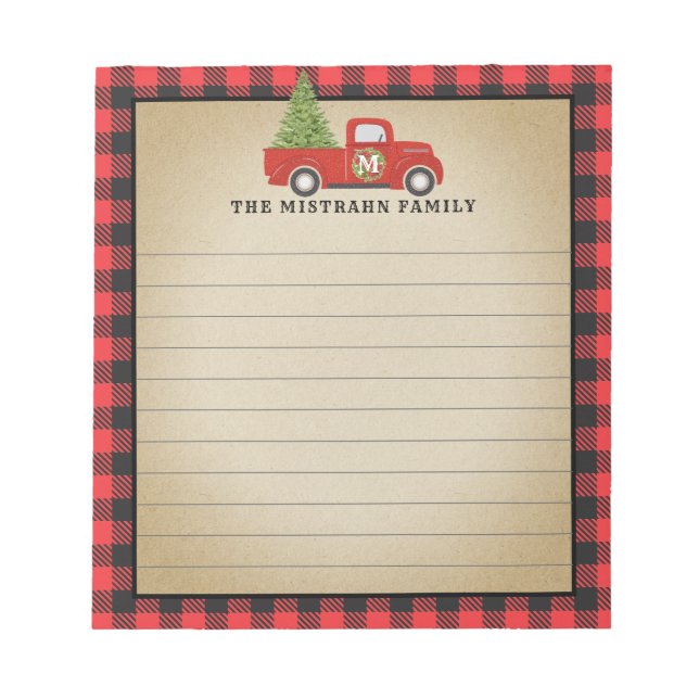 Monogram Christmas Red Truck Buffalo Plaid Notepad (Front)