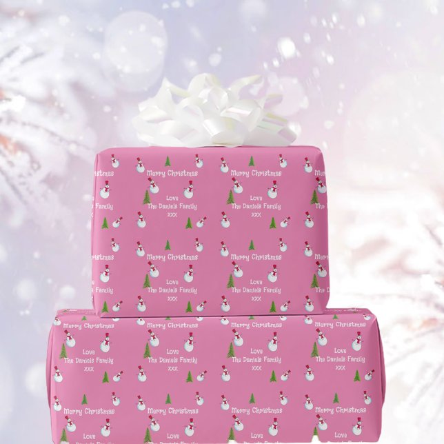 Monogram Christmas Snowman on Pink Wrapping Paper (Creator Uploaded)