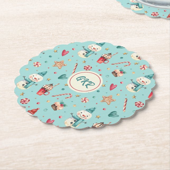 Monogram Christmas Snowman Sweets Paper Coaster (Angled)