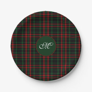 Monogram Christmas Tartan Plaid Red, Green Black Paper Plate