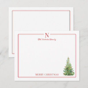 Monogram Christmas Tree Red Border Stationery Card