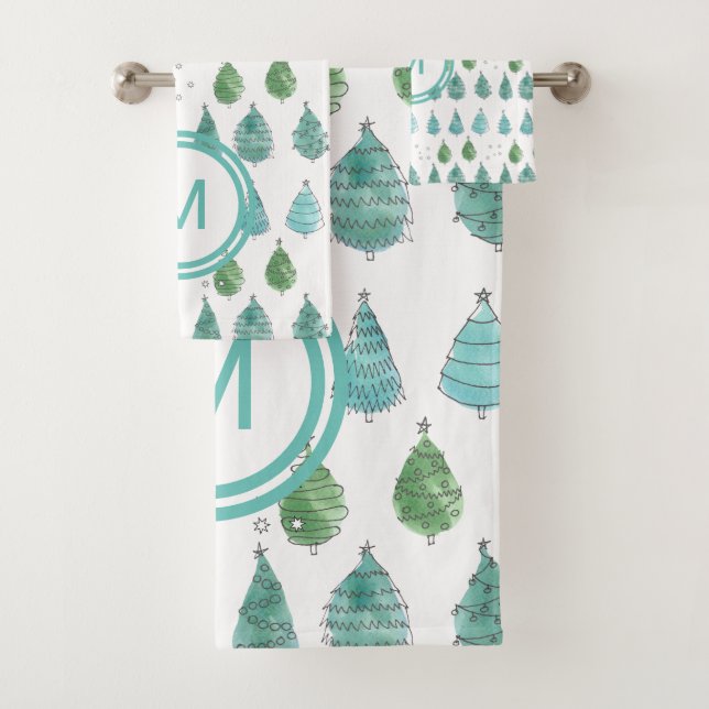 Monogram Christmas Trees Teal Bath Towel Set (Insitu)