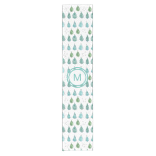 Monogram Christmas Trees Teal Short Table Runner