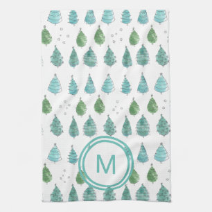 Monogram Christmas Trees Teal Tea Towel