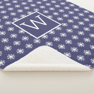 Monogram Christmas White Snow Crystal Navy Blue Sherpa Blanket