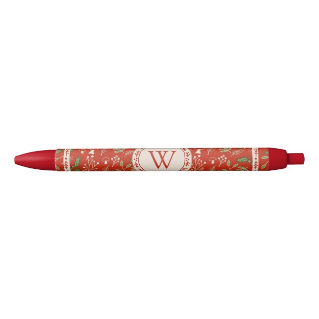 Monogram Christmas Woodlands Red Black Ink Pen (Front)