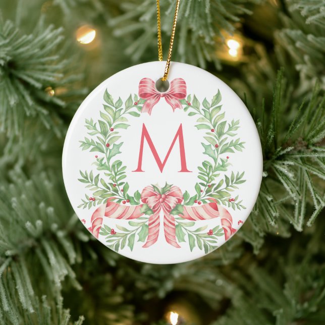 Monogram Christmas Wreath Ceramic Ornament (Tree)