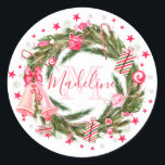 Monogram Christmas Wreath Classic Round Sticker<br><div class="desc">Christmas wreath sticker features monogram and name. Perfect for wrapped gifts or party favours.</div>