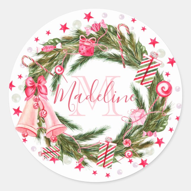 Monogram Christmas Wreath Classic Round Sticker (Front)