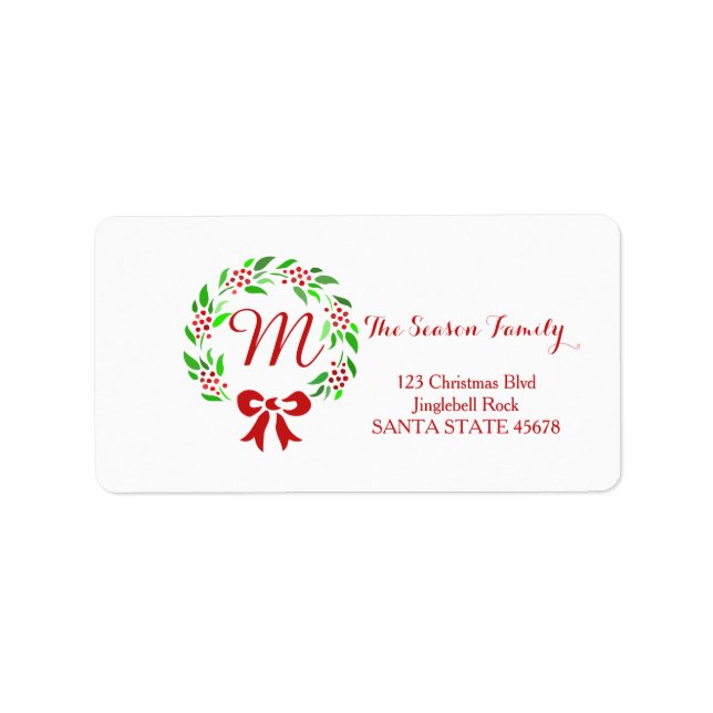 Monogram  Christmas wreath Holiday Address Label (Front)