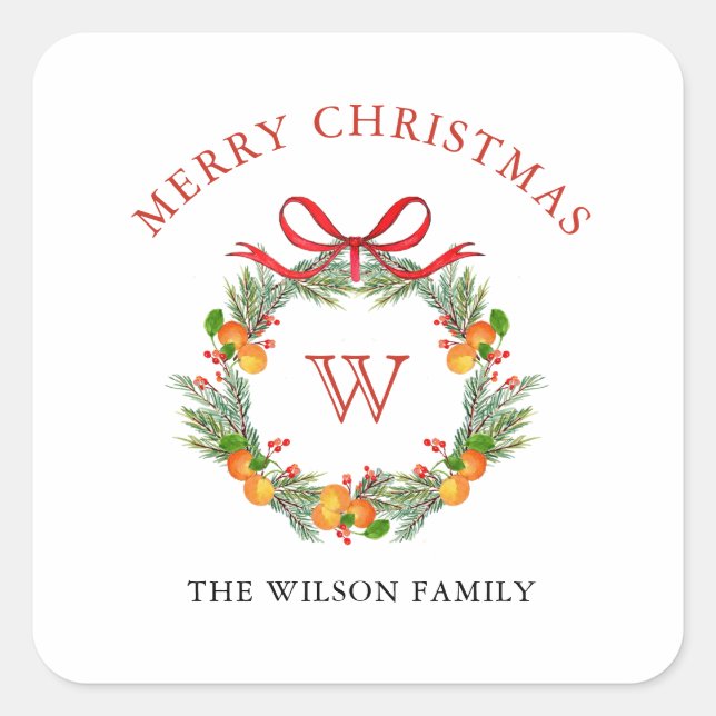 Monogram Christmas wreath Holiday Square Sticker (Front)