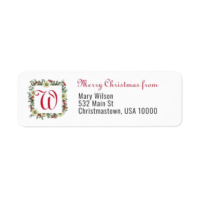Monogram Christmas Wreath Merry Christmas White Return Address Label (Front)