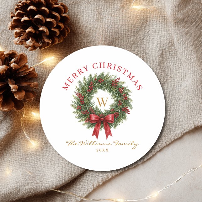 Monogram Christmas Wreath Red Bow Classic Round Sticker (Monogram Christmas Wreath Red Bow Classic Round Sticker)