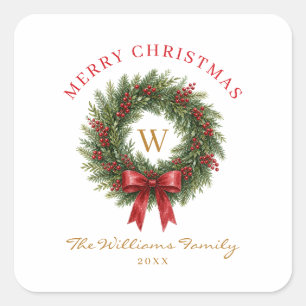 Monogram Christmas Wreath Red Bow Square Sticker