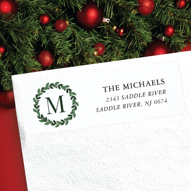 Monogram Christmas Wreath Return Address Label (Creator Uploaded)