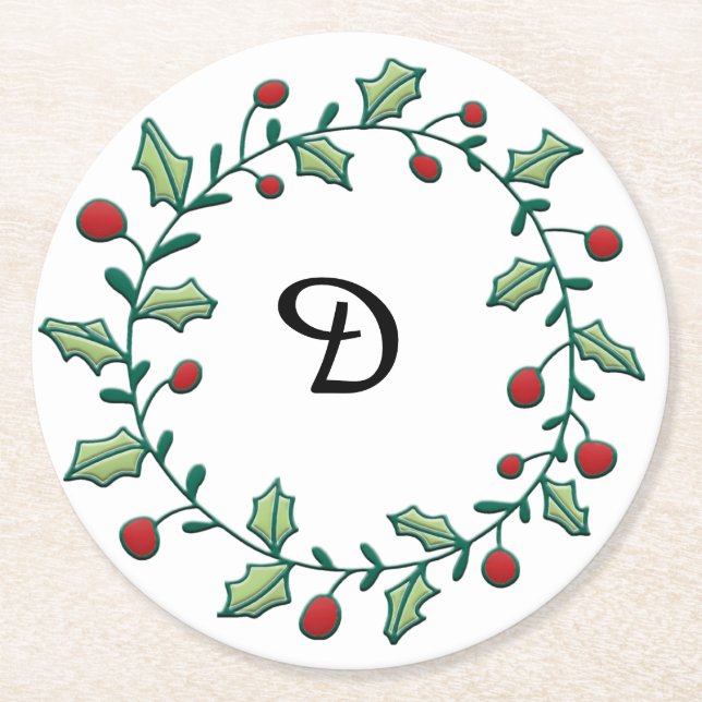 Monogram Christmas Wreath Round Paper Coaster (Front)