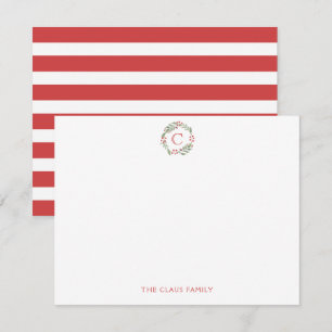 Monogram Christmas Wreath Striped Stationery Card