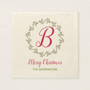 Monogram Christmas wreath with leaves & berries Napkin