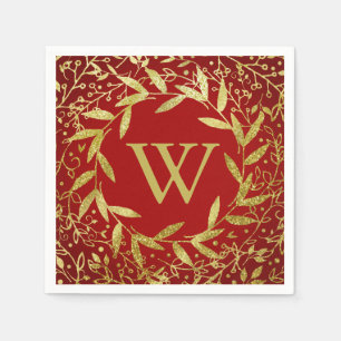 Monogram Circle of Leaves Wreath Gold Glitter Napkin