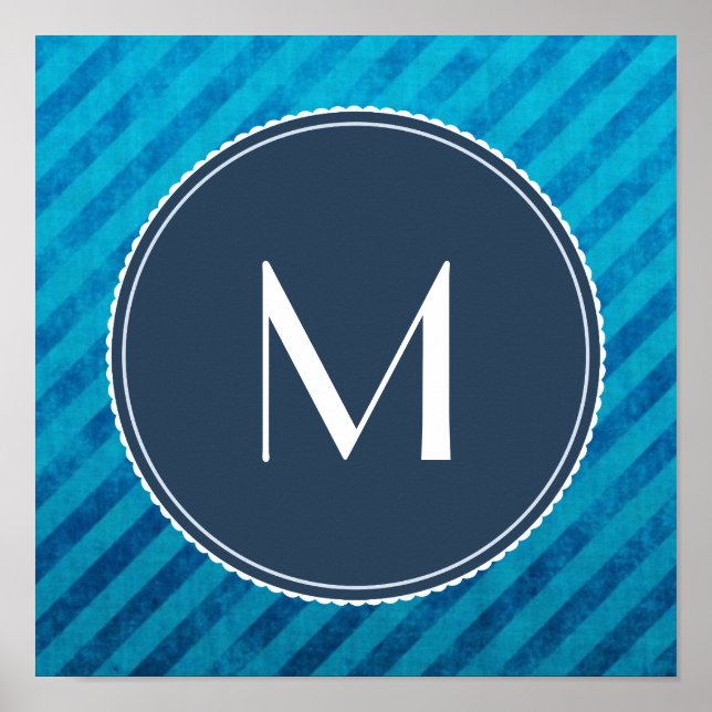 Monogram Circle on Blue Diagonal Stripes Poster (Front)