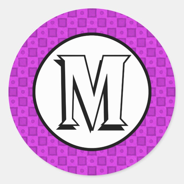 Monogram circles and squares on a purple pattern classic round sticker (Front)