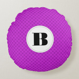 Monogram circles and squares on a purple pattern round cushion