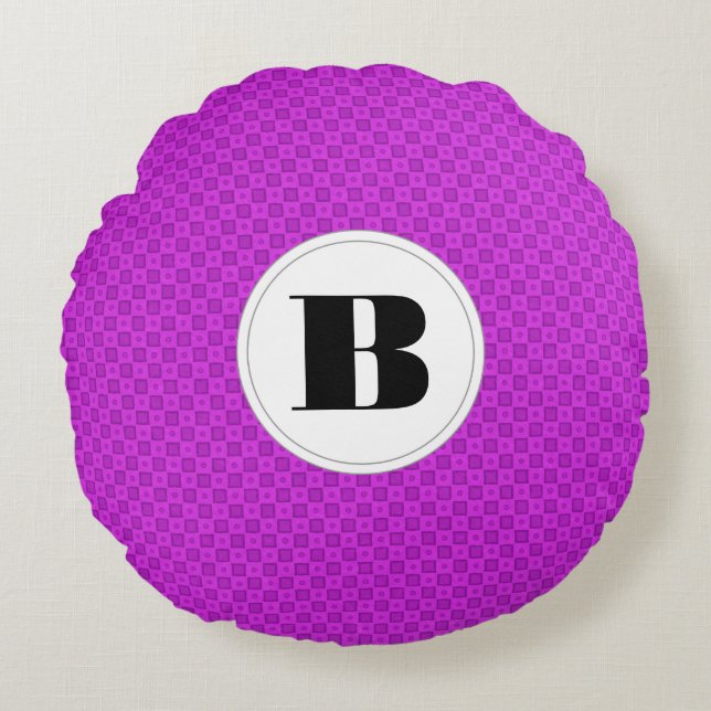 Monogram circles and squares on a purple pattern round cushion (Front)