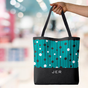 Monogram Circles Lines Black White Teal  Tote Bag