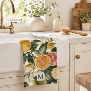 Monogram Citrus Bloom Pattern Housewarming Gift Tea Towel