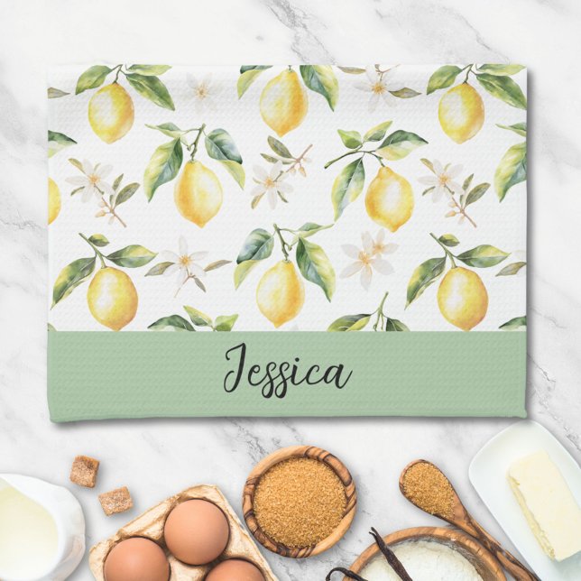 Monogram Citrus Lemon Fruit Botanical Pattern Tea Towel (In situ)