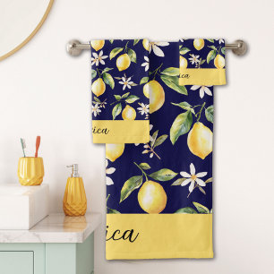 Monogram Citrus Lemon Fruit White Flower Botanical Bath Towel Set
