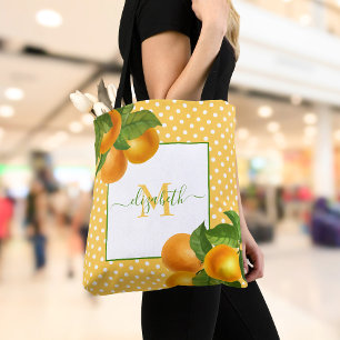 Monogram citrus oranges watercolor dots rustic tote bag