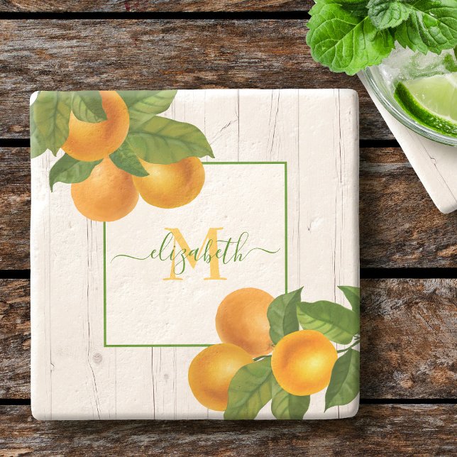 Monogram citrus oranges watercolor rustic wood stone coaster (Creator Uploaded)
