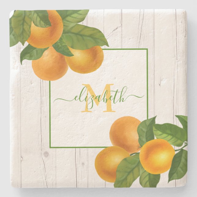 Monogram citrus oranges watercolor rustic wood stone coaster (Front)
