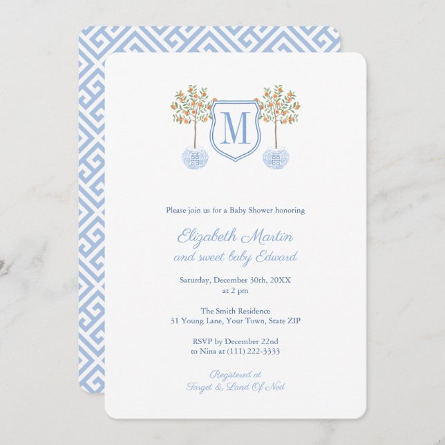 Monogram Citrus Tree Little Boy Baby Shower Party Invitation (Front/Back)