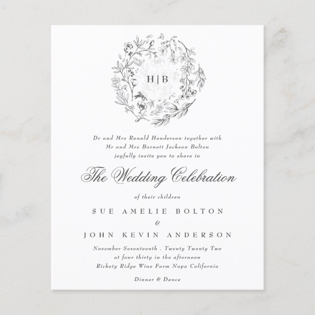 Monogram Classic Botanical Florals Budget Wedding Flyer (Front)