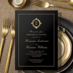 Monogram Classic Chic Black Gold Rehearsal Dinner Invitation