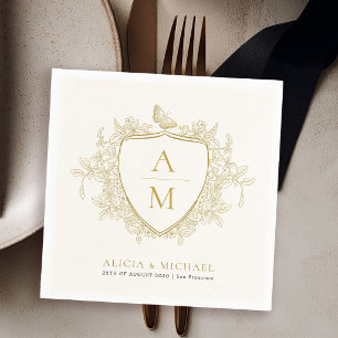 Monogram classic elegant gold floral crest wedding napkin