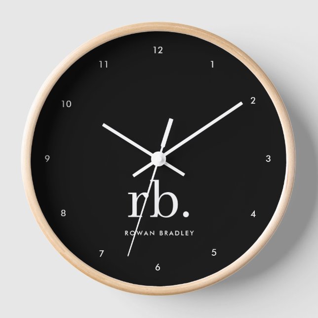 Monogram Classic Elegant Minimal Black and White Clock (Front)