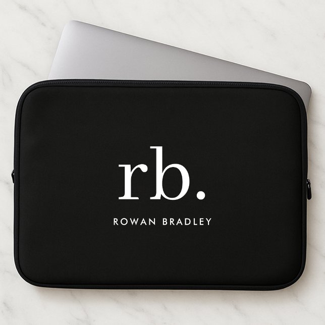 Monogram Classic Elegant Minimal Black and White Laptop Sleeve (Creator Uploaded)