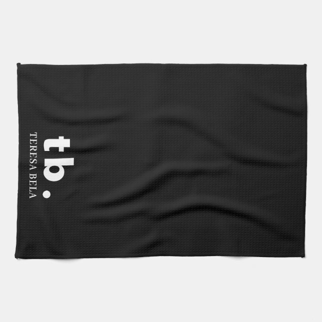 Monogram Classic Elegant Minimal Black & White Tea Towel (Horizontal)